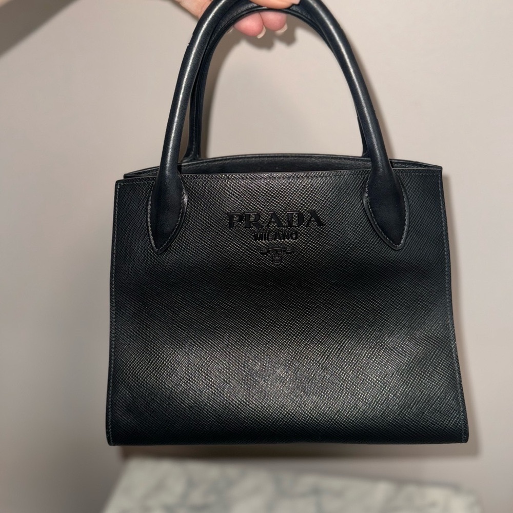 Prada Saffiano Cuir Calfskin Small Monochrome Top Handle Tote Black